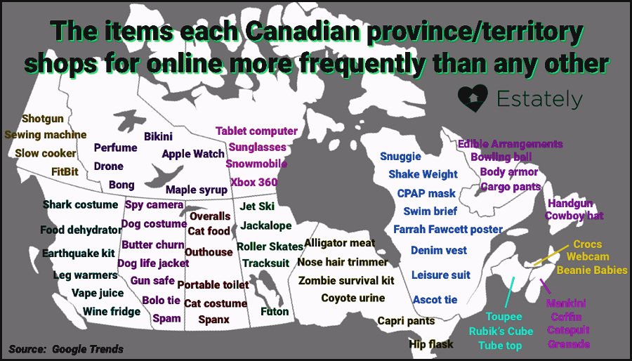 The items each Canadian province shops for online more frequently than