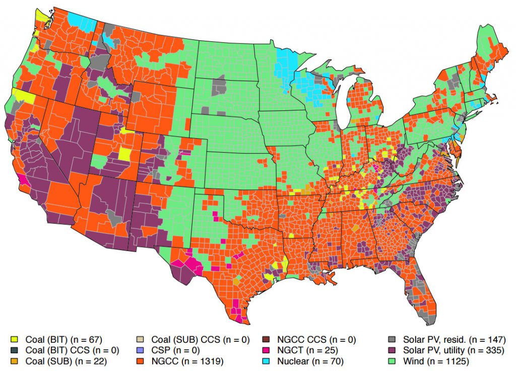 What types of power plants are the cheapest to build in every U.S