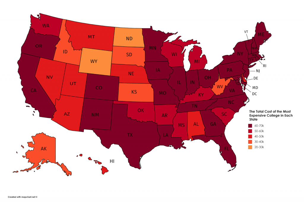 The Total Cost Of The Most Expensive College In Each U S State Vivid