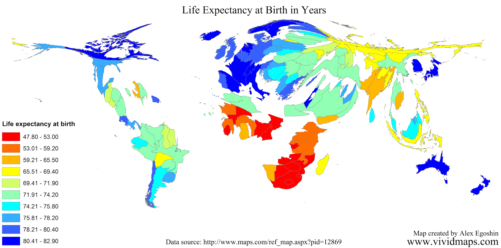 Life expectancy at birth in years Vivid Maps