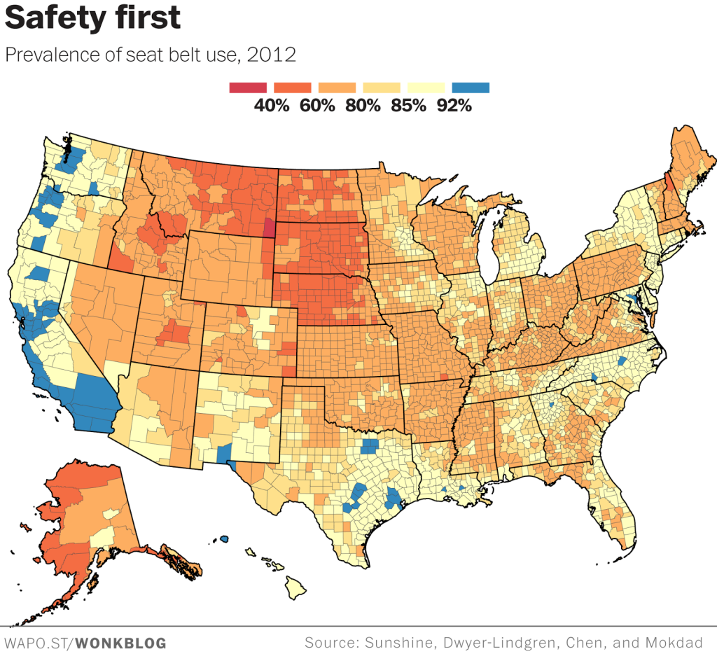 Prevalence of seat belt use in the United States Vivid Maps