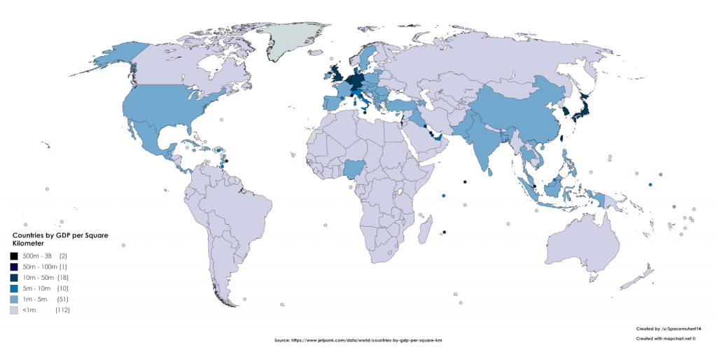 Countries by GDP per Square Kilometer - Vivid Maps