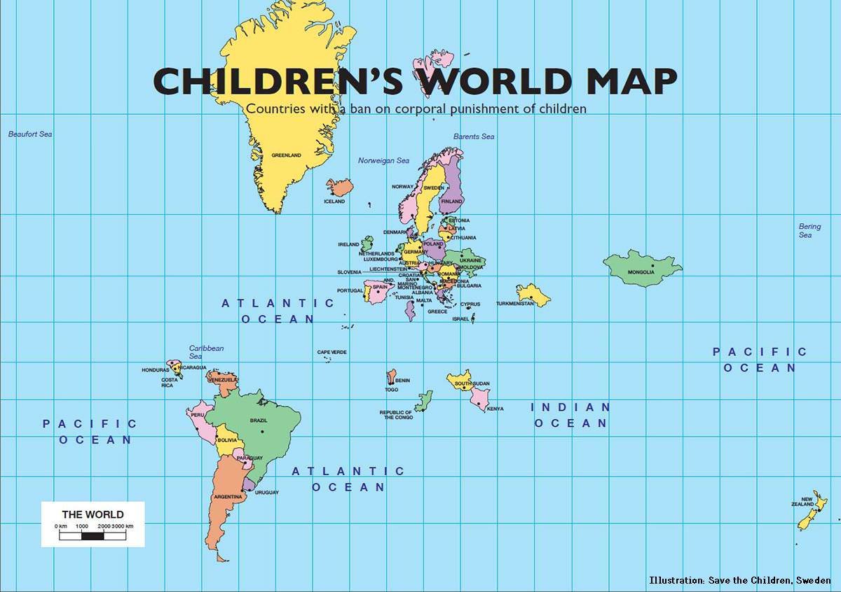 Children's world map countries with ban on corporal punishment of