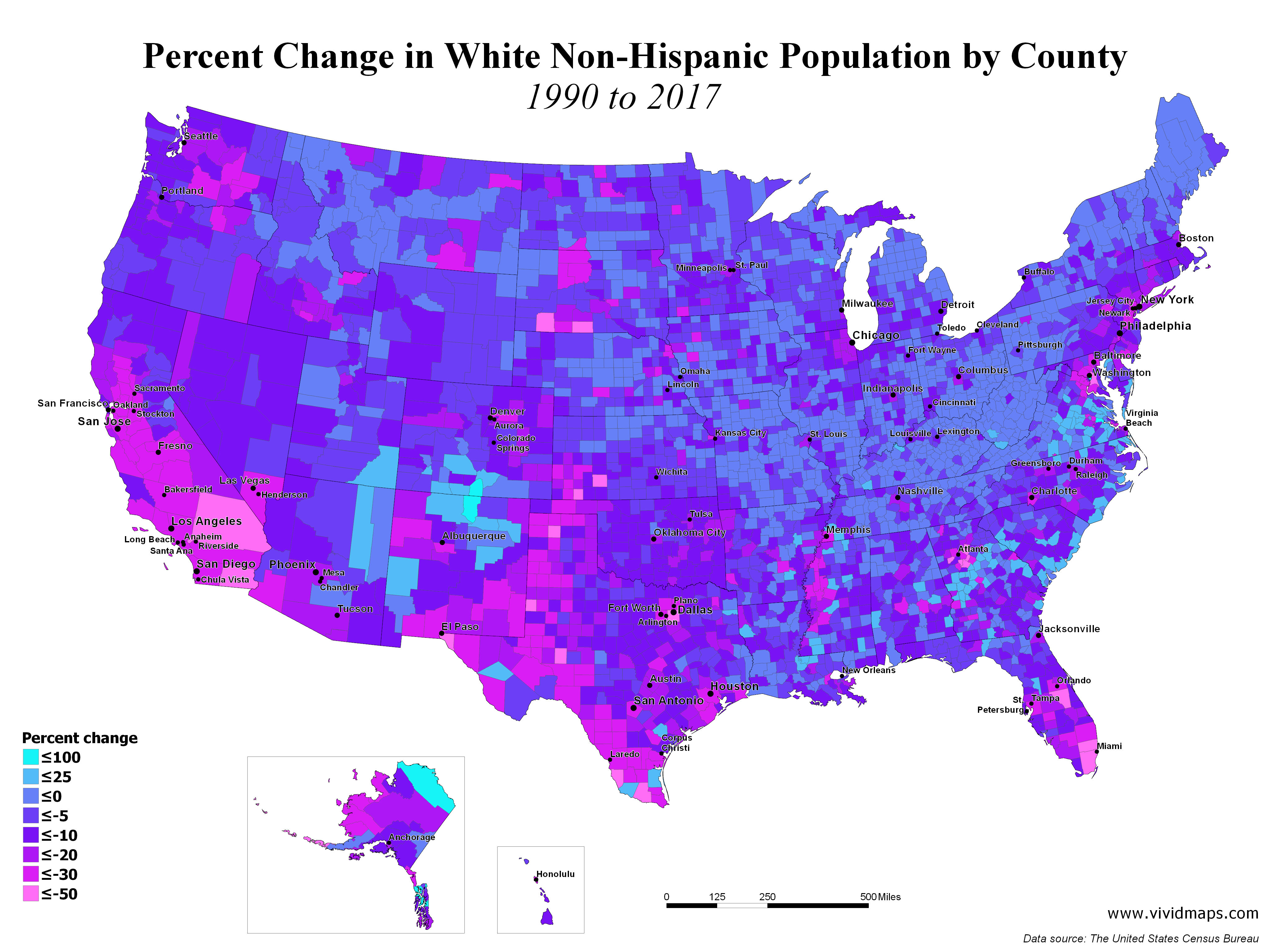 Percent Change in White NonHispanic Population by U.S. county (1990