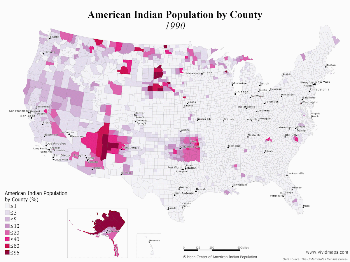 American Indian Population By County 1990 2017 Vivid Maps