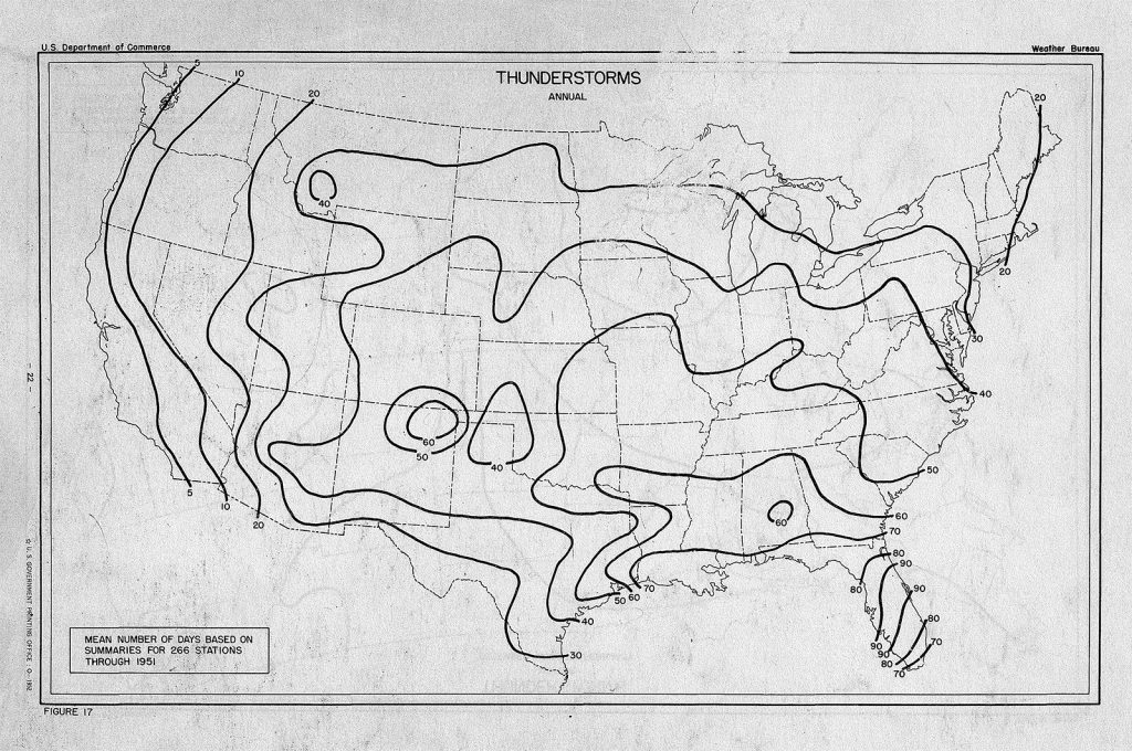Thunderstorm days per year in the - USmap 1024x680